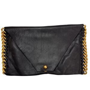 Madison Kelly NYC Black Textured Leather Gold Chain Magnetic Flap Clutch Handbag